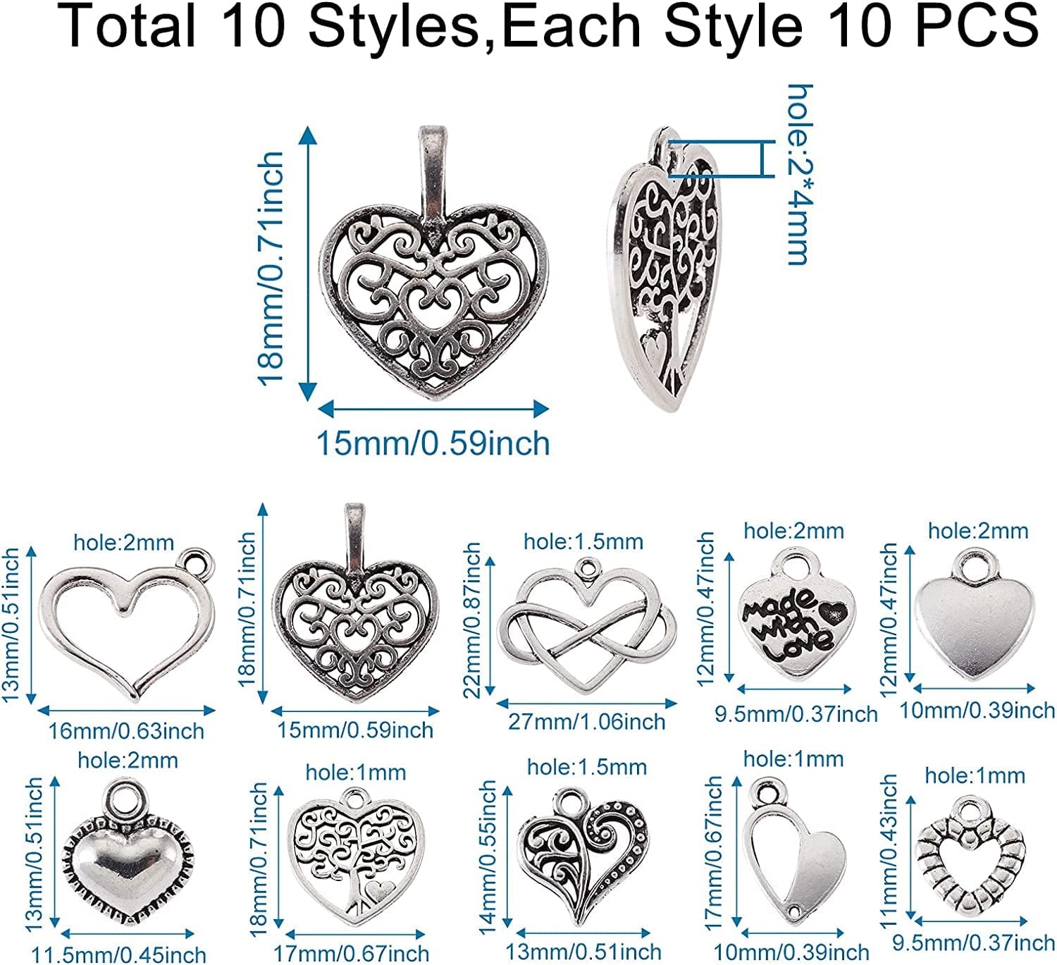 Pandahall 100Pcs Tibetan Style Heart Alloy Pendants 9.5-18 X 9.5-17Mm 10 Style Antique Silver Sweet Heart Charms for DIY Earring Bracelet Jewelry Making