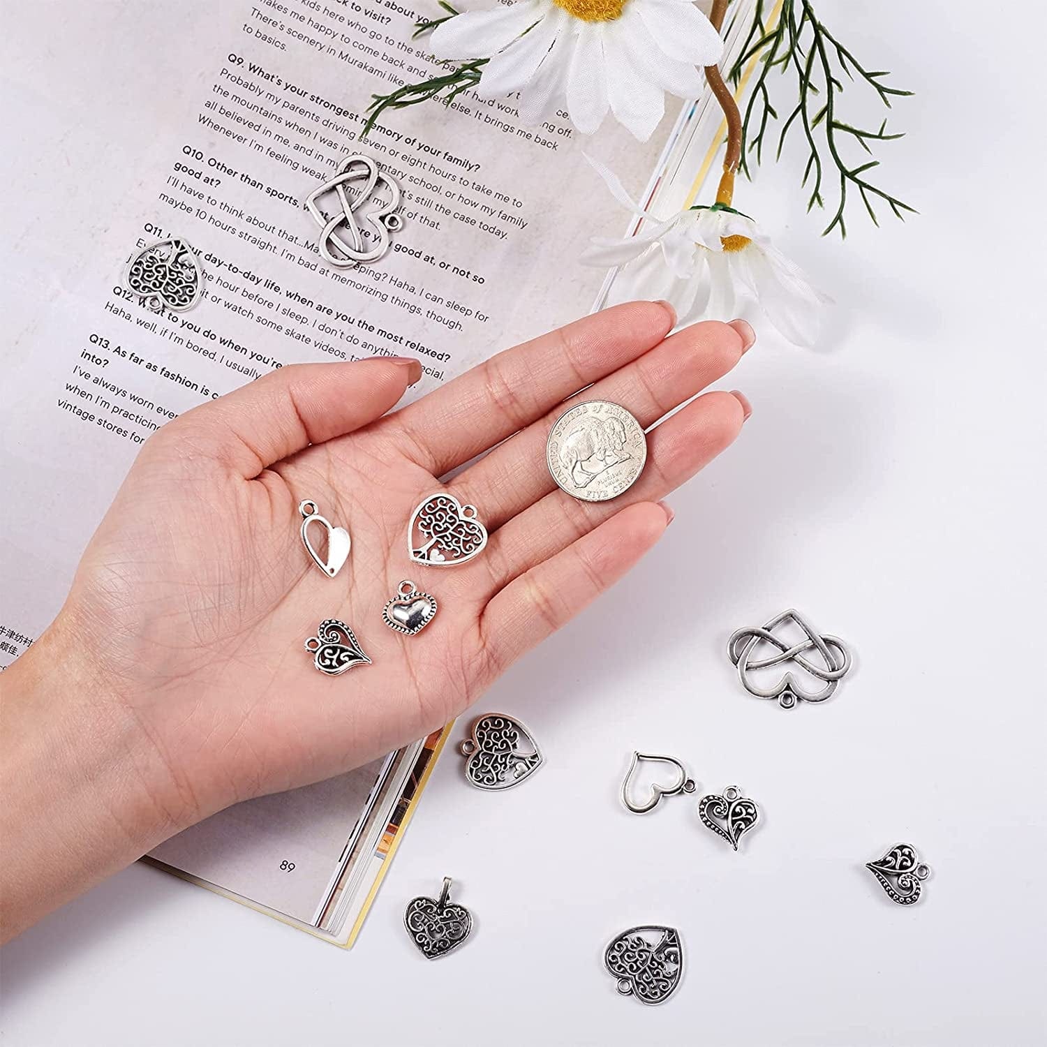 Pandahall 100Pcs Tibetan Style Heart Alloy Pendants 9.5-18 X 9.5-17Mm 10 Style Antique Silver Sweet Heart Charms for DIY Earring Bracelet Jewelry Making