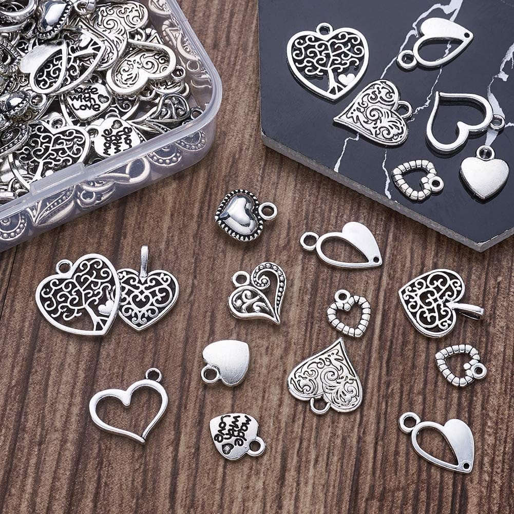 Pandahall 100Pcs Tibetan Style Heart Alloy Pendants 9.5-18 X 9.5-17Mm 10 Style Antique Silver Sweet Heart Charms for DIY Earring Bracelet Jewelry Making
