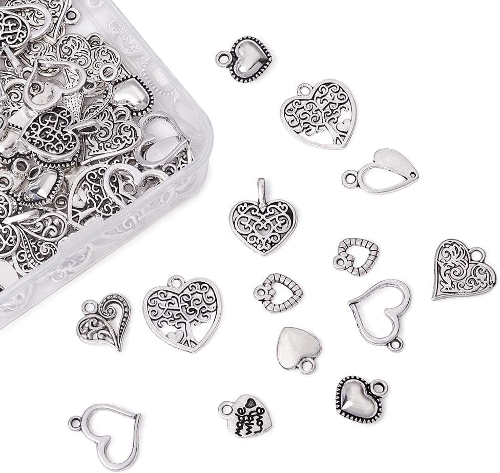 Pandahall 100Pcs Tibetan Style Heart Alloy Pendants 9.5-18 X 9.5-17Mm 10 Style Antique Silver Sweet Heart Charms for DIY Earring Bracelet Jewelry Making