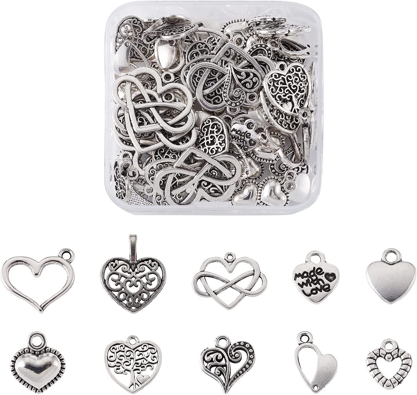 Pandahall 100Pcs Tibetan Style Heart Alloy Pendants 9.5-18 X 9.5-17Mm 10 Style Antique Silver Sweet Heart Charms for DIY Earring Bracelet Jewelry Making 1 Set Heart, 100pcs ,Antiuqe silver