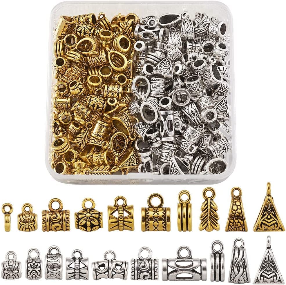 Pandahall 200Pcs Silver Column Bail Beads Slide Charm Carrier Hanger Links Bohemian Style 9X6X4Mm for European Charm Bracelet Pendant Mixed Shape