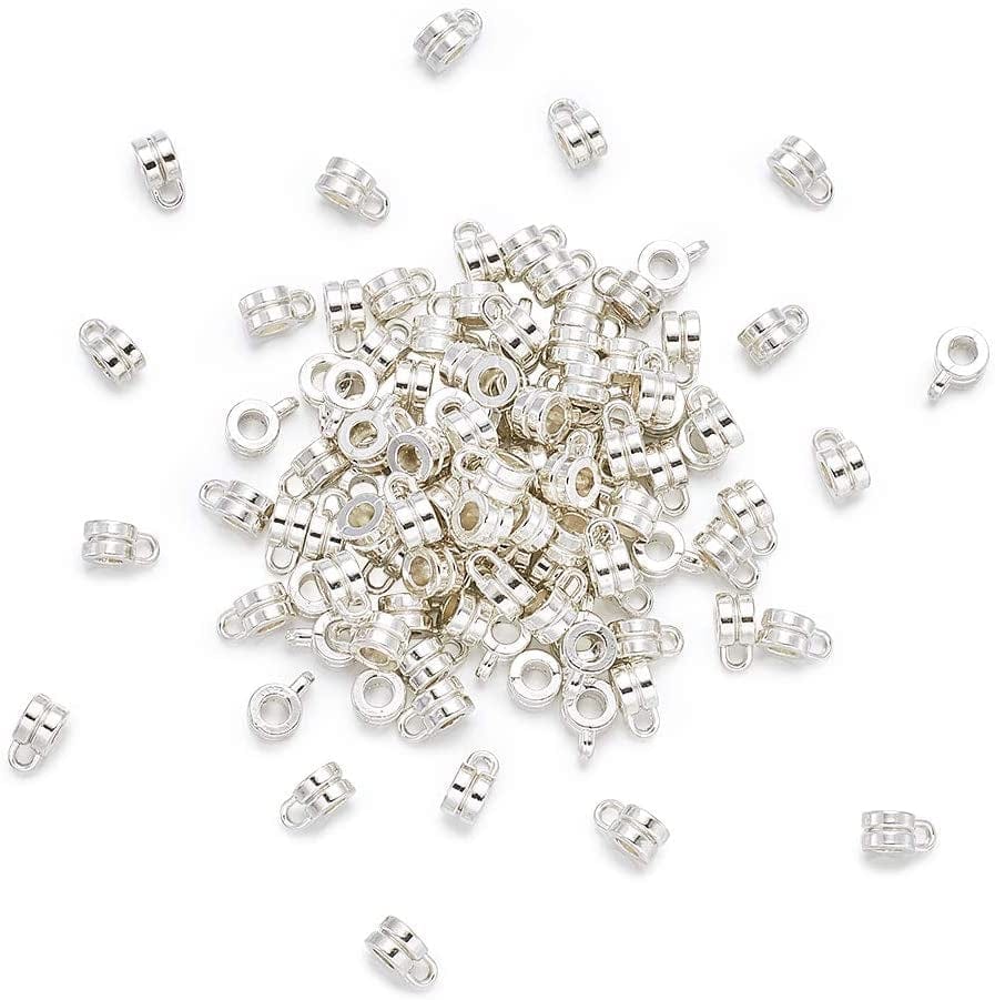 Pandahall 200Pcs Silver Column Bail Beads Slide Charm Carrier Hanger Links Bohemian Style 9X6X4Mm for European Charm Bracelet Pendant Column#50pcs