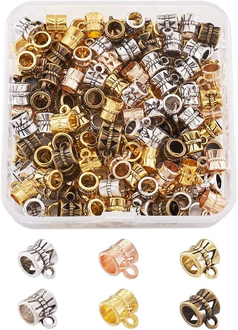 Pandahall 200Pcs Silver Column Bail Beads Slide Charm Carrier Hanger Links Bohemian Style 9X6X4Mm for European Charm Bracelet Pendant Column#Mixed Color