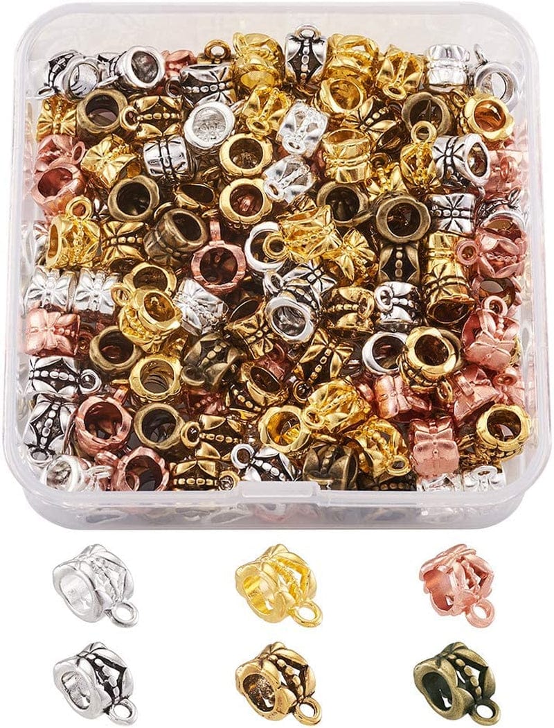 Pandahall 200Pcs Silver Column Bail Beads Slide Charm Carrier Hanger Links Bohemian Style 9X6X4Mm for European Charm Bracelet Pendant Column*#Mixed Color