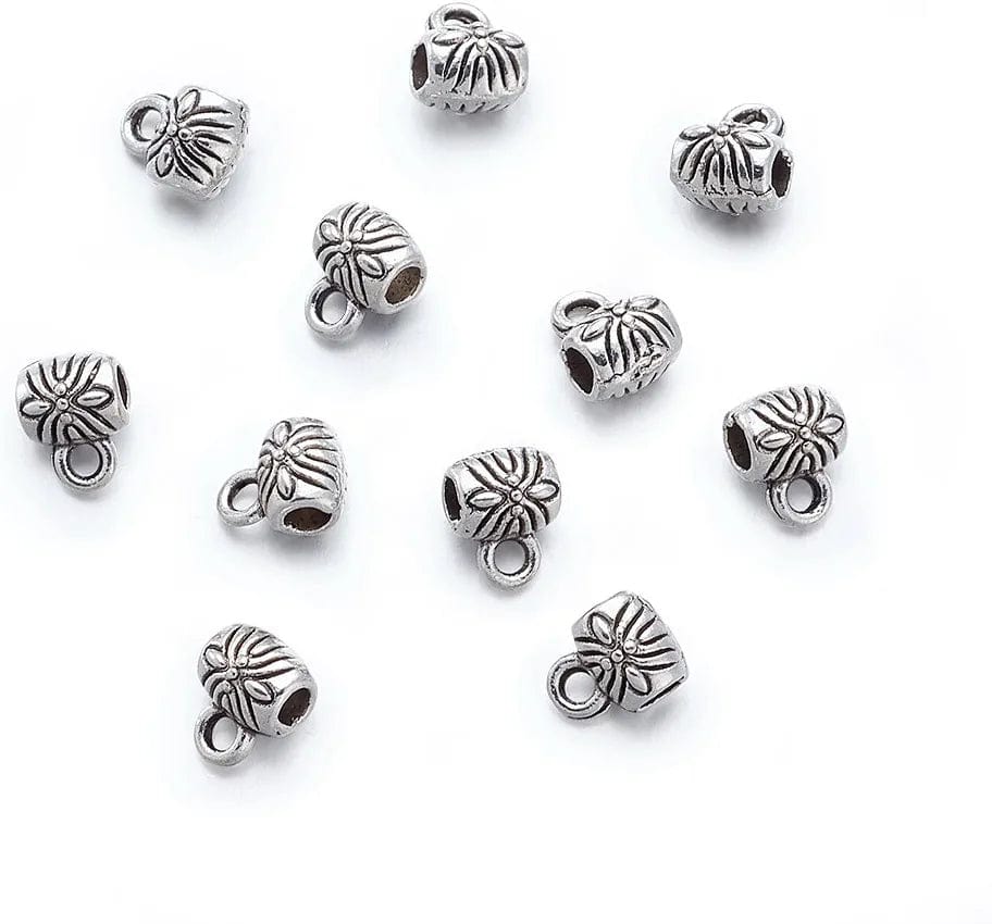 Pandahall 200Pcs Silver Column Bail Beads Slide Charm Carrier Hanger Links Bohemian Style 9X6X4Mm for European Charm Bracelet Pendant Tube