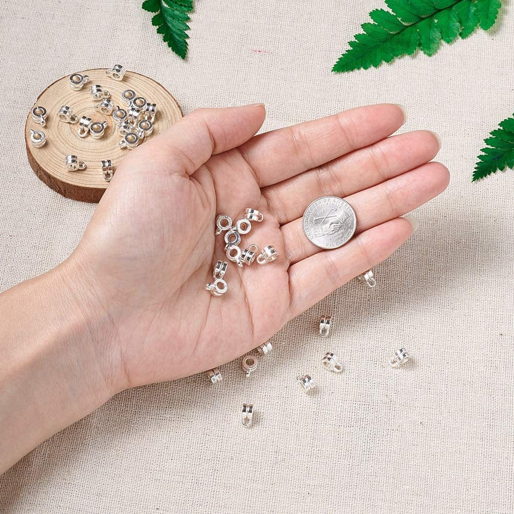 Pandahall 200Pcs Silver Column Bail Beads Slide Charm Carrier Hanger Links Bohemian Style 9X6X4Mm for European Charm Bracelet Pendant