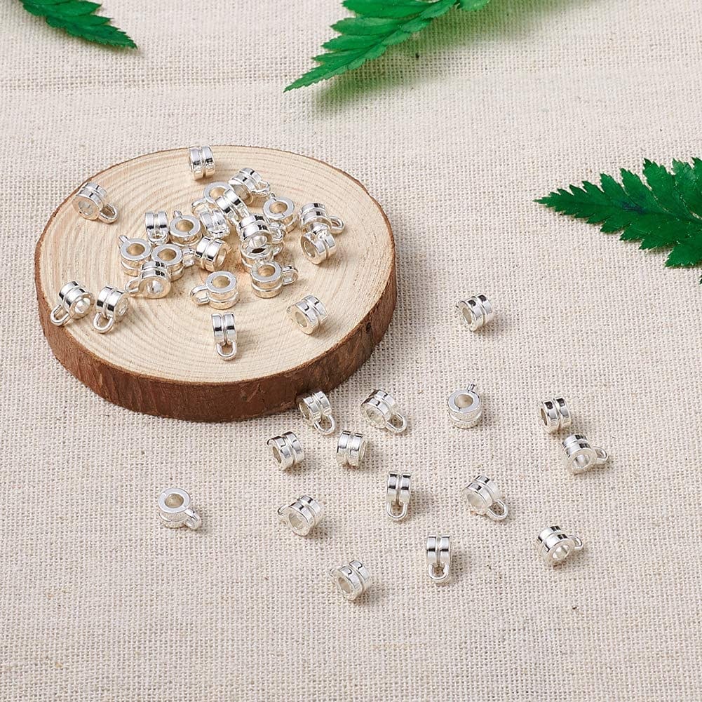 Pandahall 200Pcs Silver Column Bail Beads Slide Charm Carrier Hanger Links Bohemian Style 9X6X4Mm for European Charm Bracelet Pendant