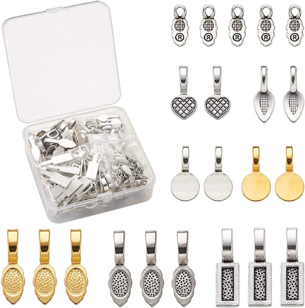 Pandahall Alloy Antique Glue-On Flat Pad Bails Pad Pendant Bails Cabochon Setting Jewelry Findings Mixed-8Styles-200pcs