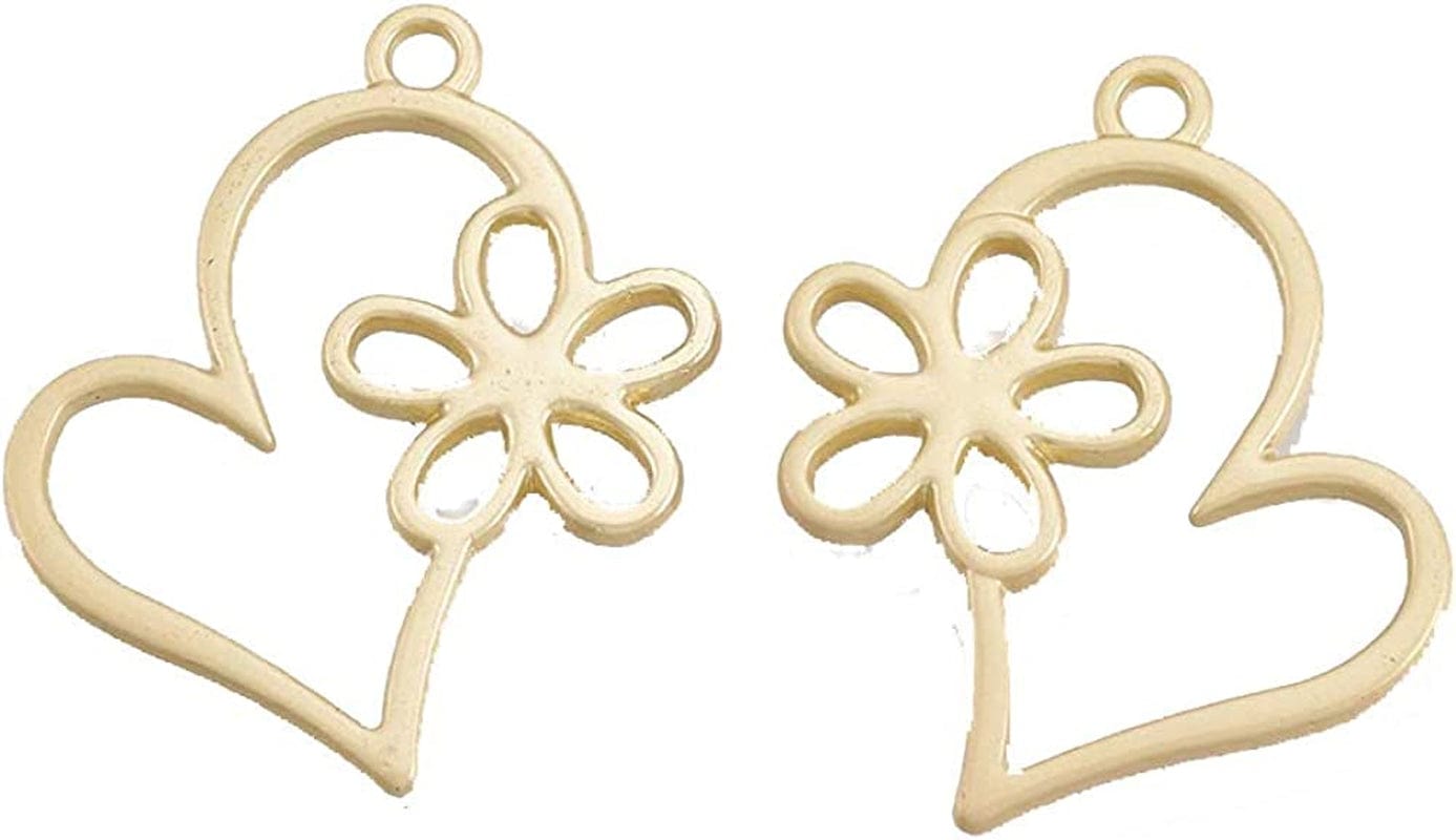 Pandahall Open Back Bezel Charms Epoxy Resin Pressed Flower Blank Hollow Pendant Matte Gold-Heart with Flower / Heart with Flower-26x1.5mm
