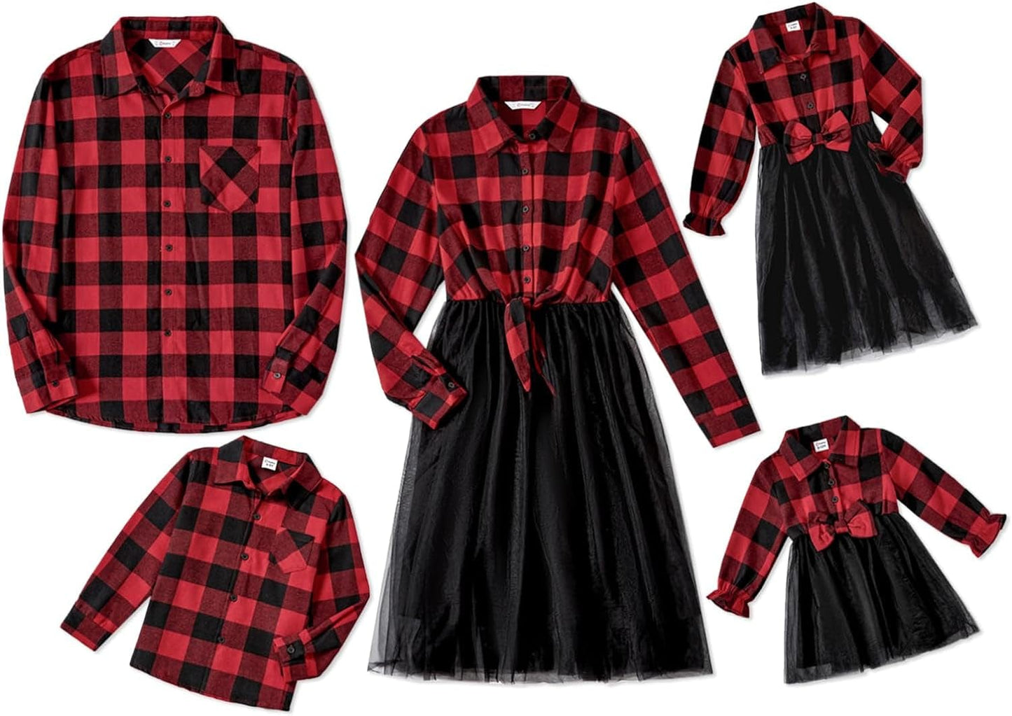 PATPAT Family Matching Outfits Mommy and Me Dresses Matching Set Long Sleeve Tulle Mesh Dress Buffalo Plaid Button down Shirt Red  Black / Men / X-Large