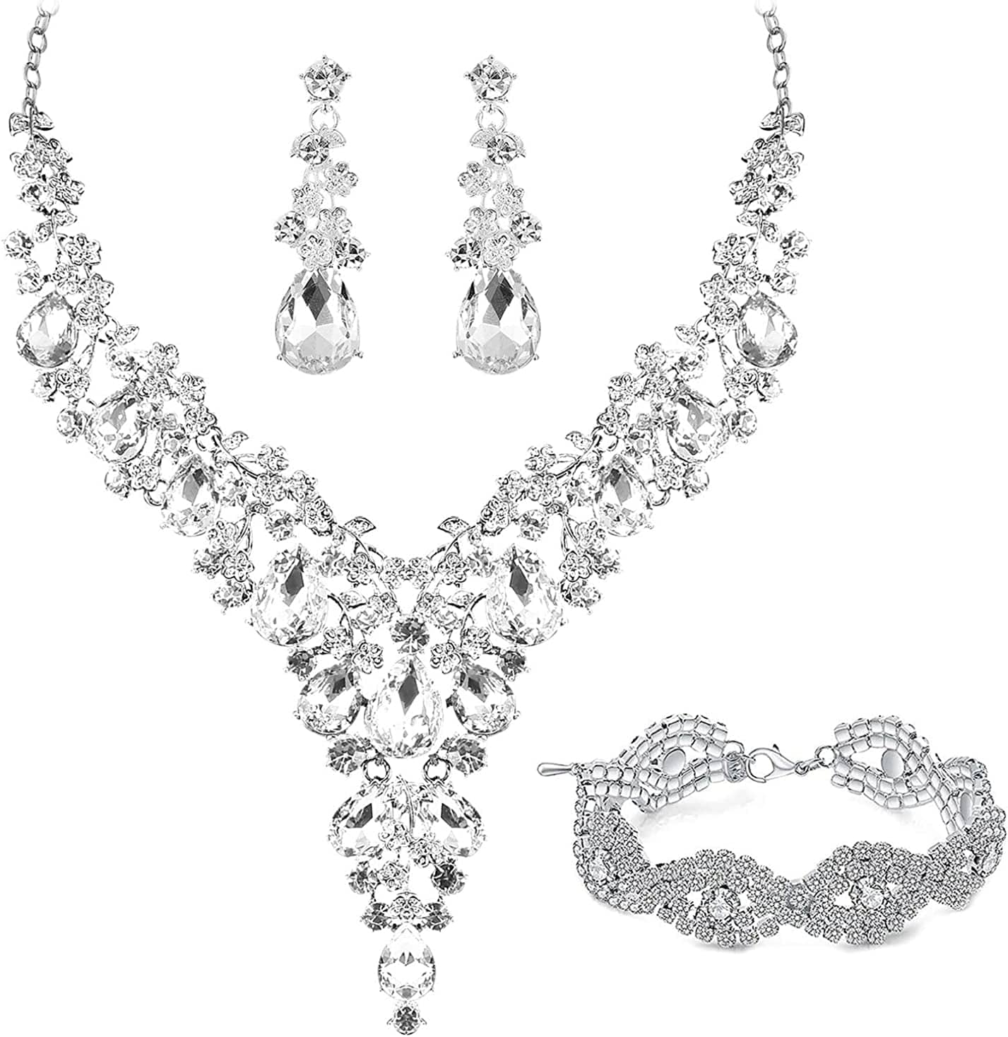 Paxuan Wedding Bridal Bridesmaid Austrian Crystal Rhinestone Jewelry Sets Statement Choker Necklace Drop Dangle Earrings Sets for Wedding Party Prom Silver Necklace + Earrings + Bracelet(Style 3)