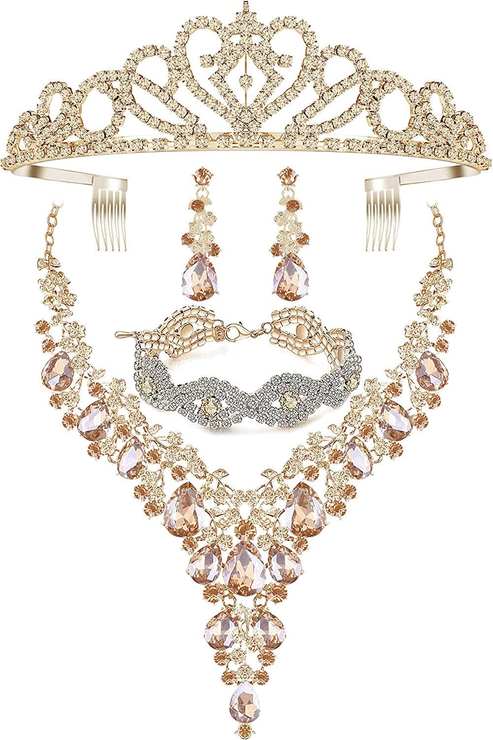 Paxuan Wedding Bridal Bridesmaid Austrian Crystal Rhinestone Jewelry Sets Statement Choker Necklace Drop Dangle Earrings Sets for Wedding Party Prom Necklace + Earring + Bracelet +Tiara (Champagne)