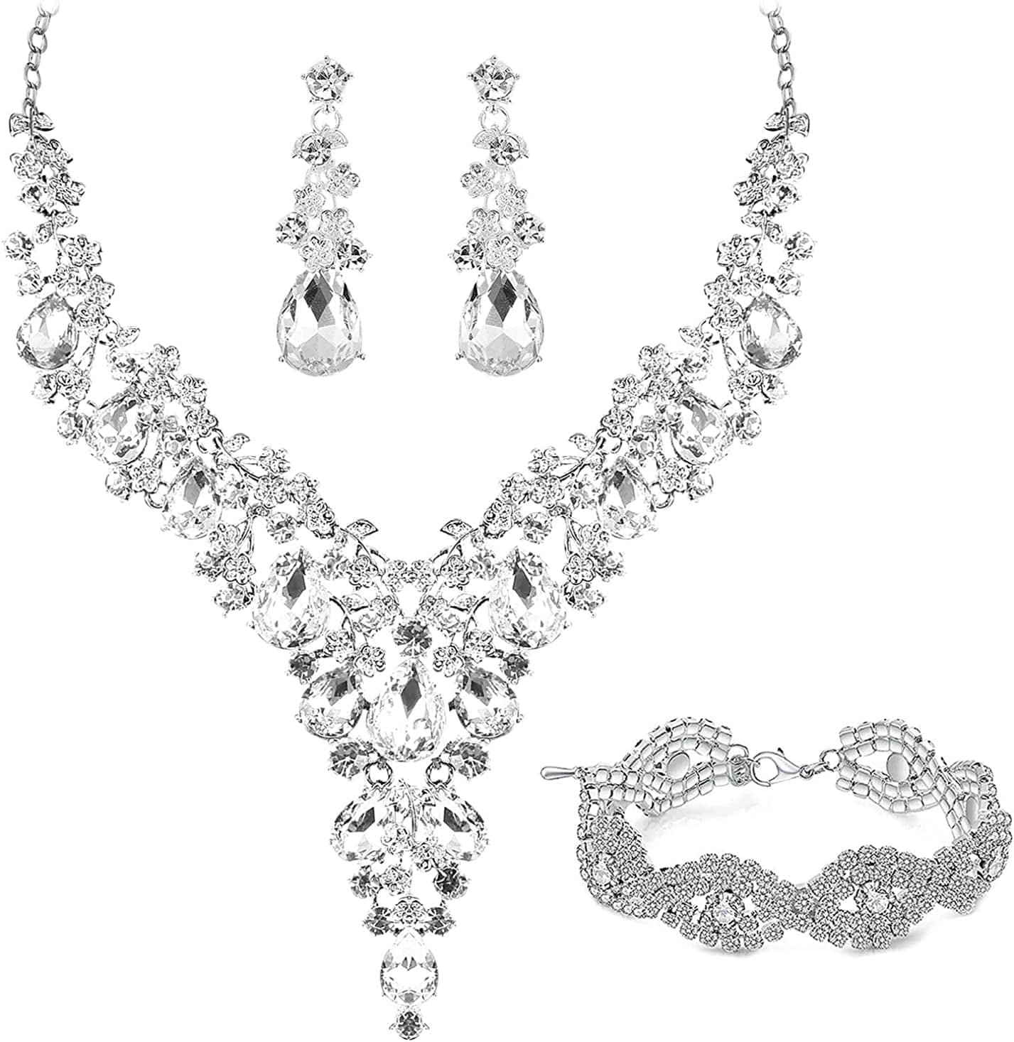 Paxuan Wedding Bridal Bridesmaid Austrian Crystal Rhinestone Jewelry Sets Statement Choker Necklace Drop Dangle Earrings Sets for Wedding Party Prom Necklace + Earring + Bracelet (White)