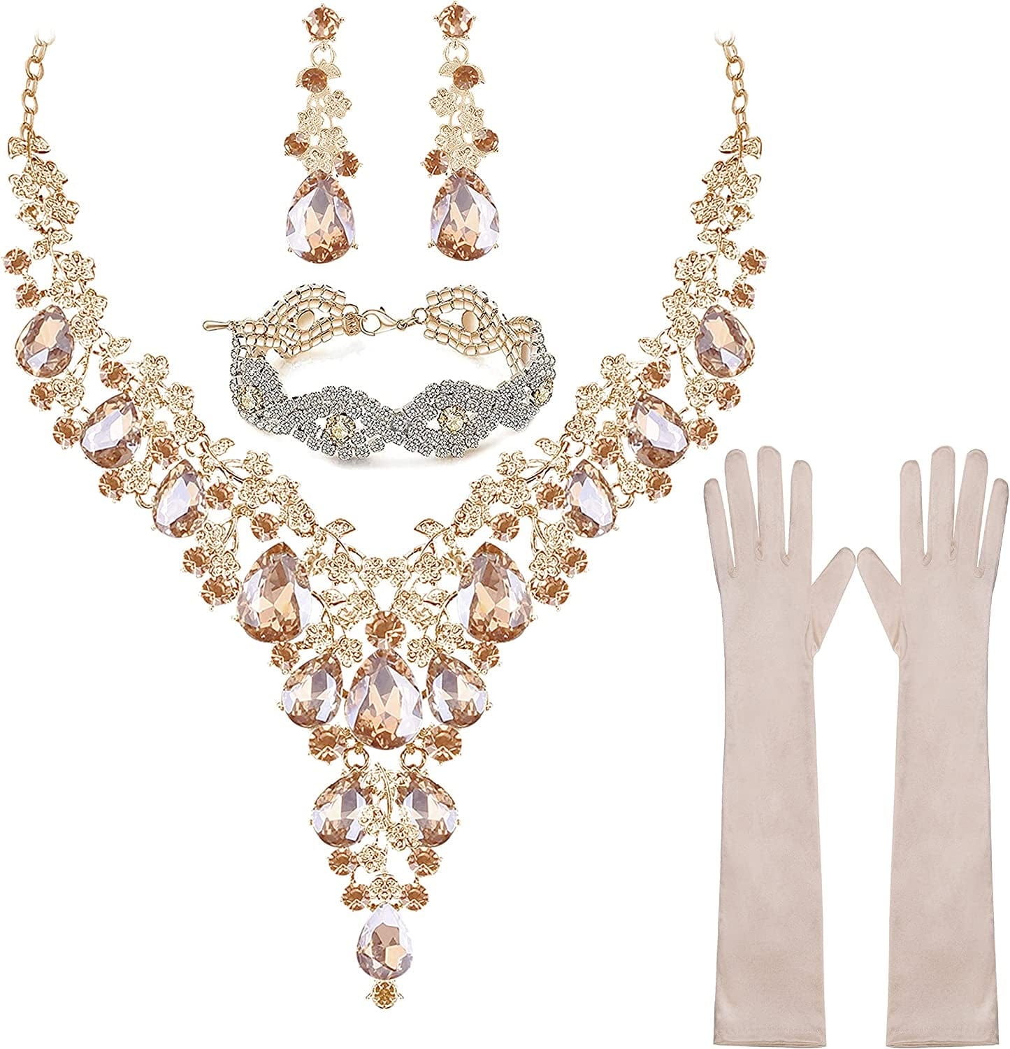 Paxuan Wedding Bridal Bridesmaid Austrian Crystal Rhinestone Jewelry Sets Statement Choker Necklace Drop Dangle Earrings Sets for Wedding Party Prom Necklace + Earring + Bracelet + Gloves (Champagne)