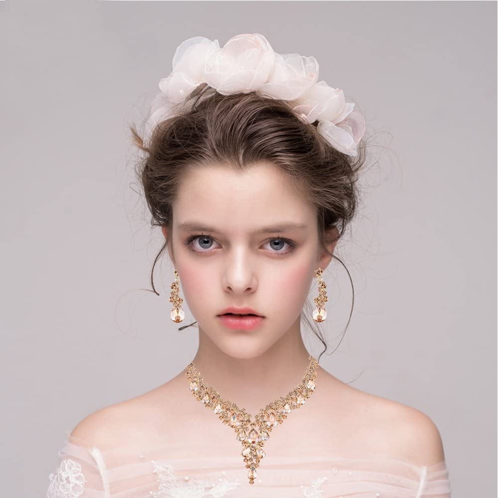 Paxuan Wedding Bridal Bridesmaid Austrian Crystal Rhinestone Jewelry Sets Statement Choker Necklace Drop Dangle Earrings Sets for Wedding Party Prom