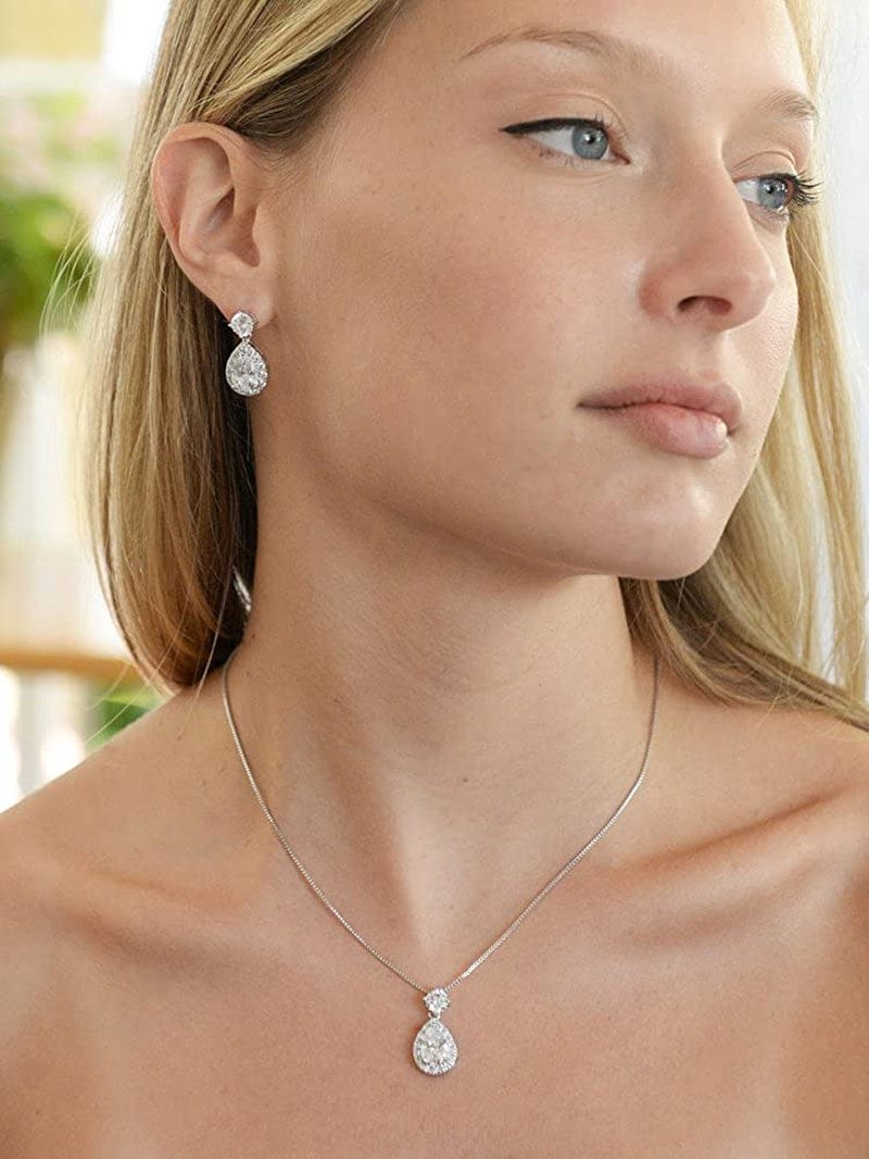 Pear Shaped CZ Teardrop Necklace and Earrings Set - Wedding Jewelry for Brides & Bridesmaids