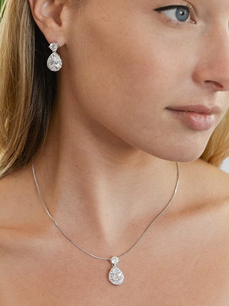 Pear Shaped CZ Teardrop Necklace and Earrings Set - Wedding Jewelry for Brides & Bridesmaids