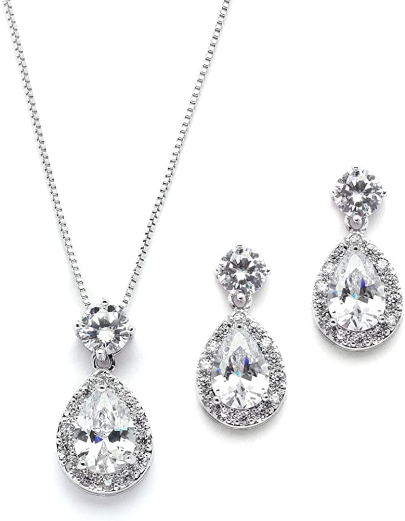 Pear Shaped CZ Teardrop Necklace and Earrings Set - Wedding Jewelry for Brides & Bridesmaids