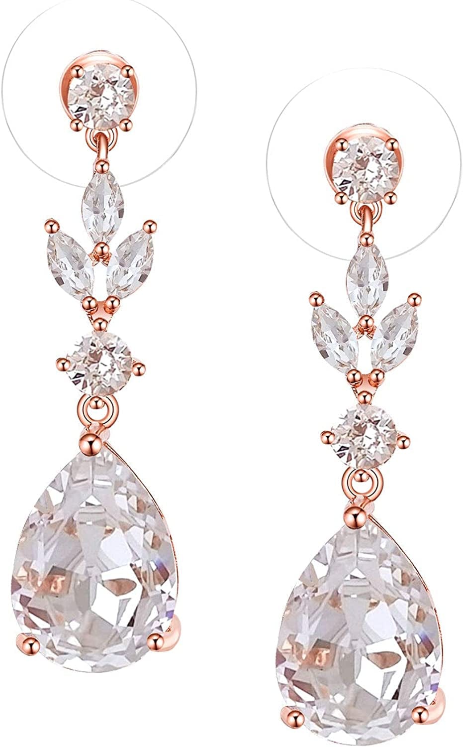 Pearl Drop Earrings for Women,Bridesmaids,Brides -Teardrop Crystal Rhinestones Cubic Zirconia Earrings Dangling 02.Rose Gold