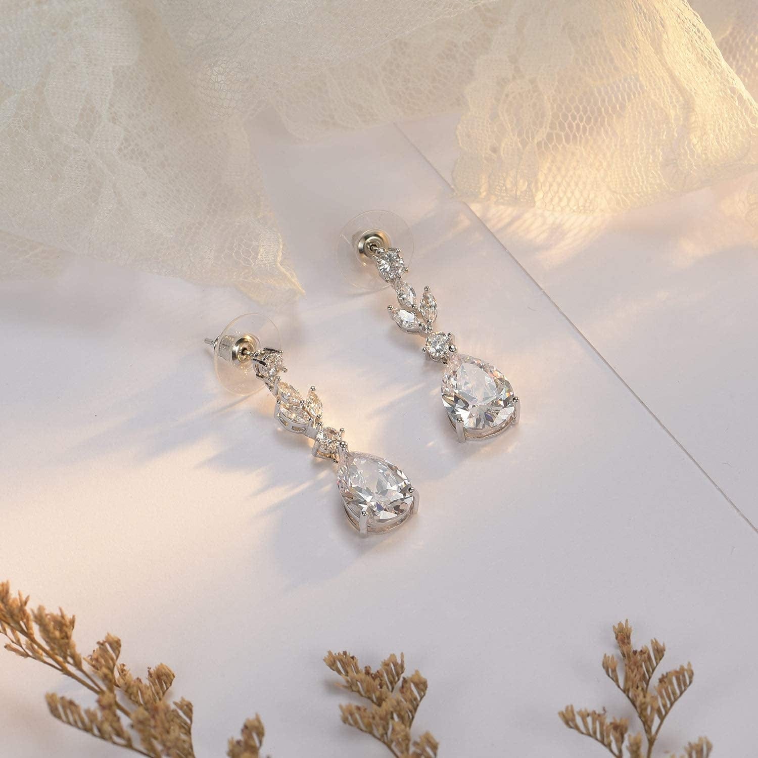 Pearl Drop Earrings for Women,Bridesmaids,Brides -Teardrop Crystal Rhinestones Cubic Zirconia Earrings Dangling