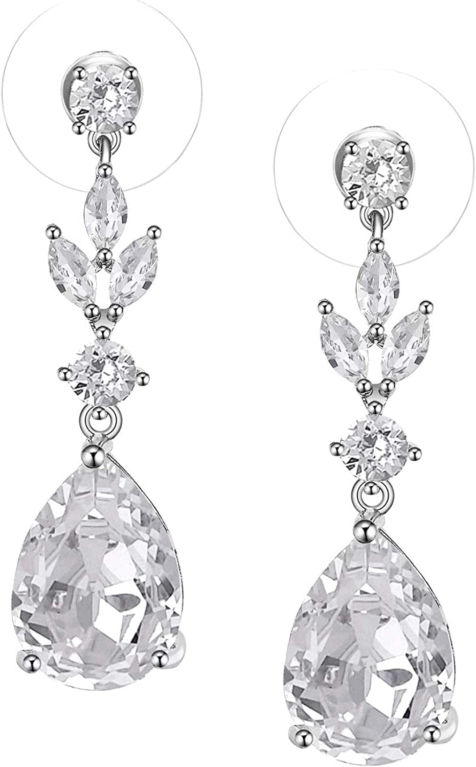 Pearl Drop Earrings for Women,Bridesmaids,Brides -Teardrop Crystal Rhinestones Cubic Zirconia Earrings Dangling 01.Silver