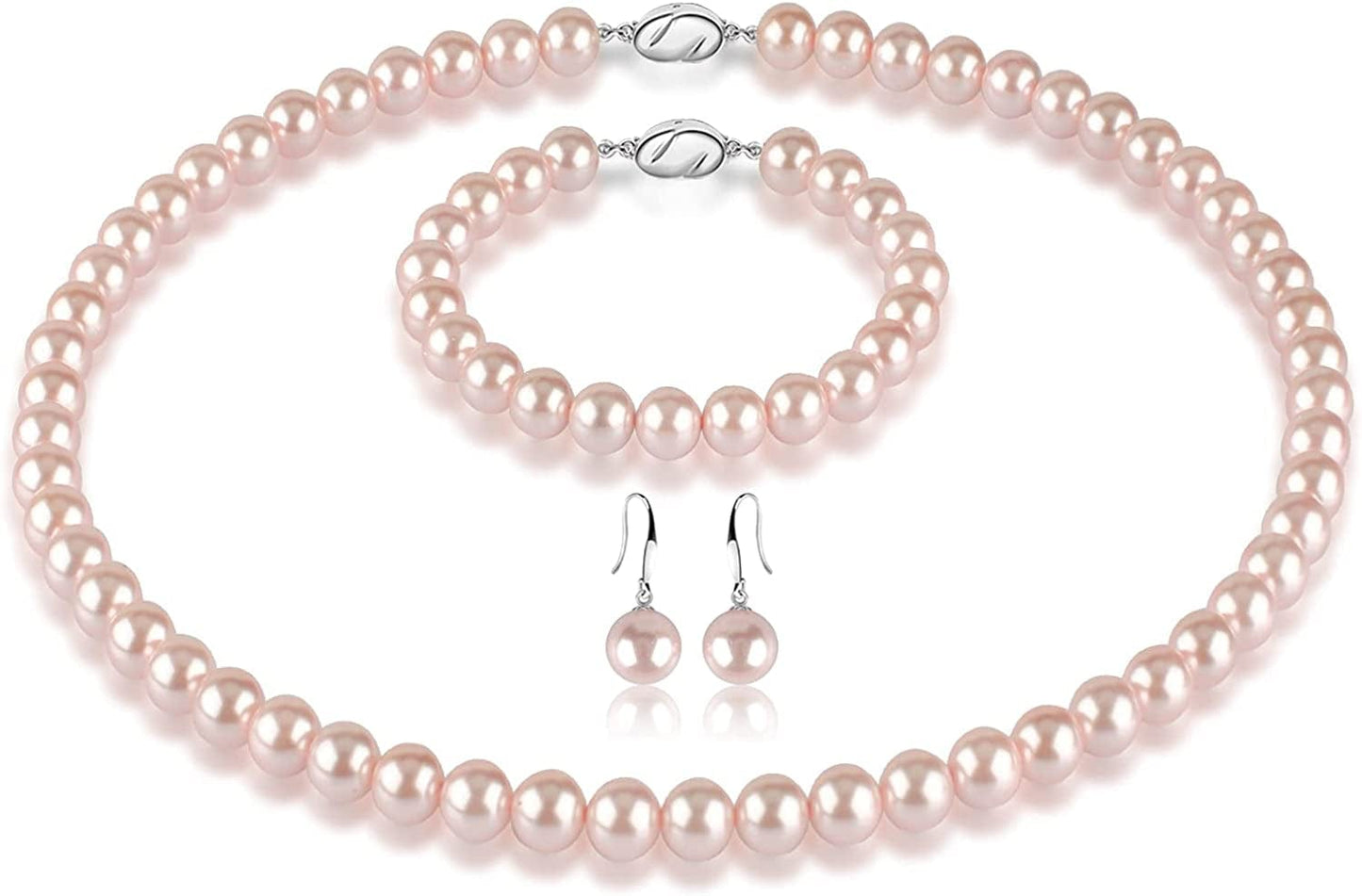 Pearl Necklace Set for Women Girls, 8Mm round Shell Pearl Includes Stunning Bracelet and Dangle Earrings 3 Piece Jewelry, Birthday Christmas Gift for Mom Wife Sister Best Friend, Gift Box B-Pink Pearl