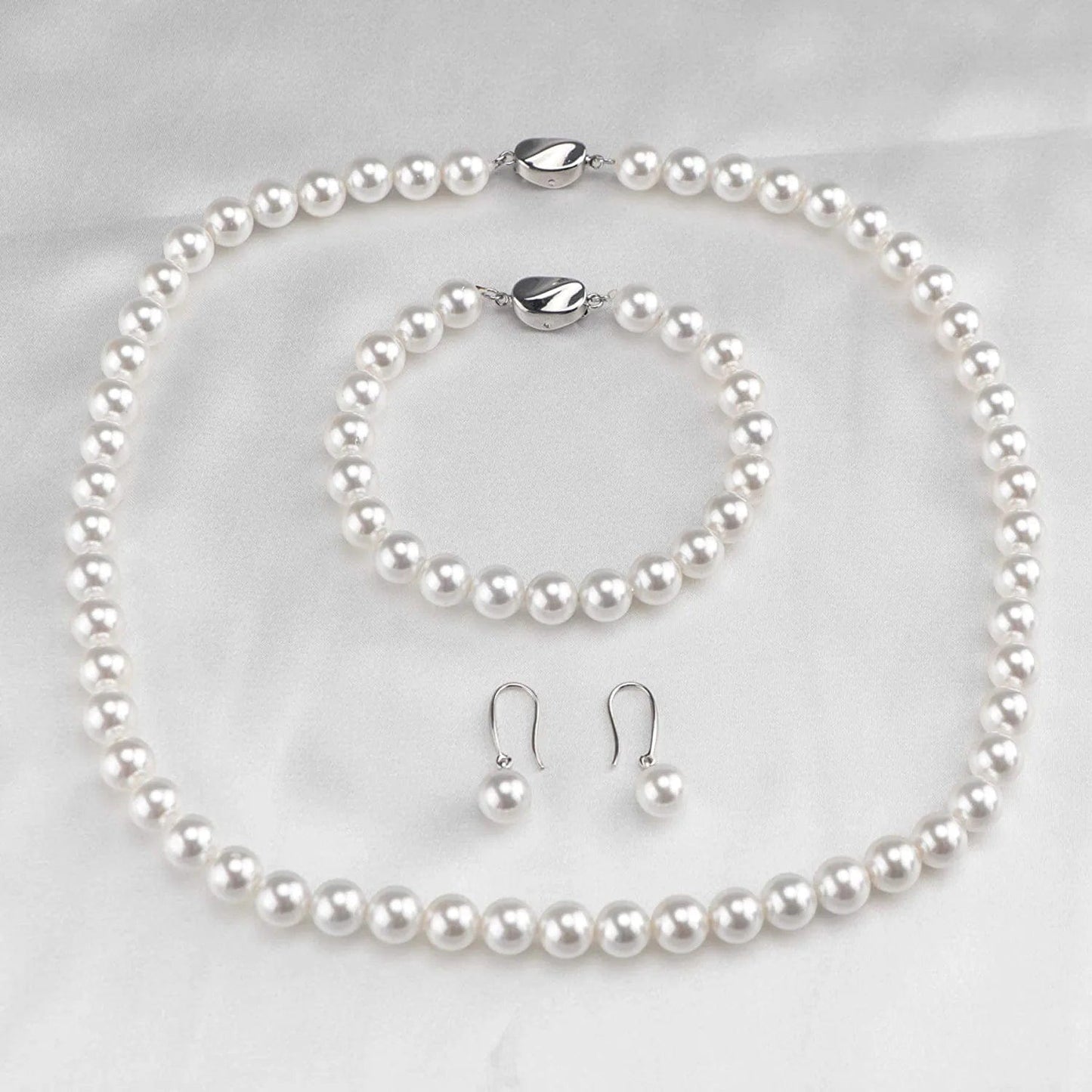 Pearl Necklace Set for Women Girls, 8Mm round Shell Pearl Includes Stunning Bracelet and Dangle Earrings 3 Piece Jewelry, Birthday Christmas Gift for Mom Wife Sister Best Friend, Gift Box