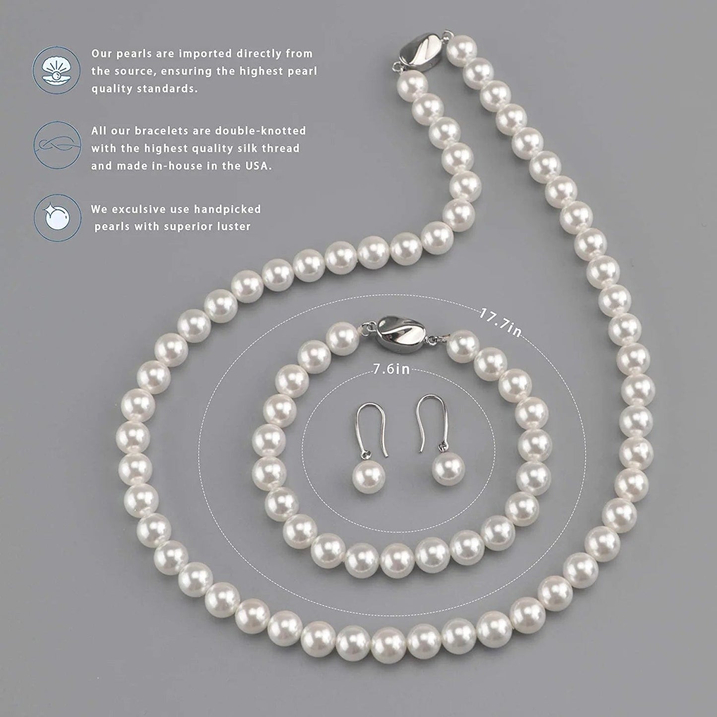Pearl Necklace Set for Women Girls, 8Mm round Shell Pearl Includes Stunning Bracelet and Dangle Earrings 3 Piece Jewelry, Birthday Christmas Gift for Mom Wife Sister Best Friend, Gift Box
