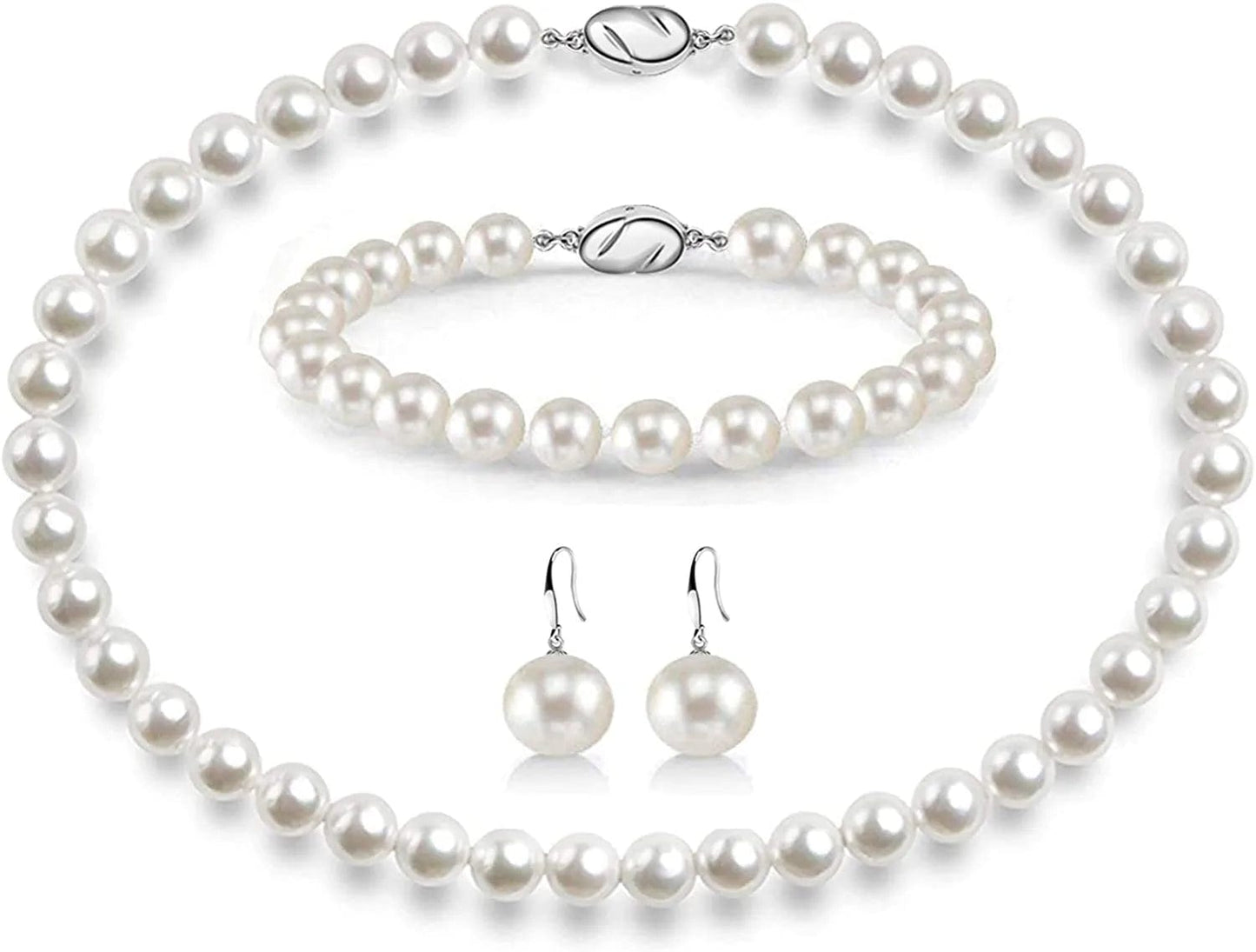 Pearl Necklace Set for Women Girls, 8Mm round Shell Pearl Includes Stunning Bracelet and Dangle Earrings 3 Piece Jewelry, Birthday Christmas Gift for Mom Wife Sister Best Friend, Gift Box White