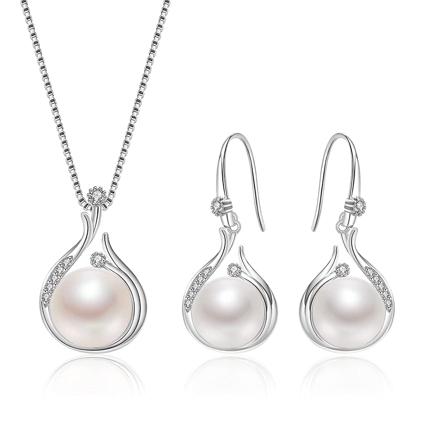 Pearls Necklace Sets for Women AAAA+ Freshwater Cultured round Pearl Necklace and Earring Sets 925 Sterling Silver Cubic Zirconia Jewelry Sets for Women Birthday Wife Sister Friend (9-10Mm) 12mm