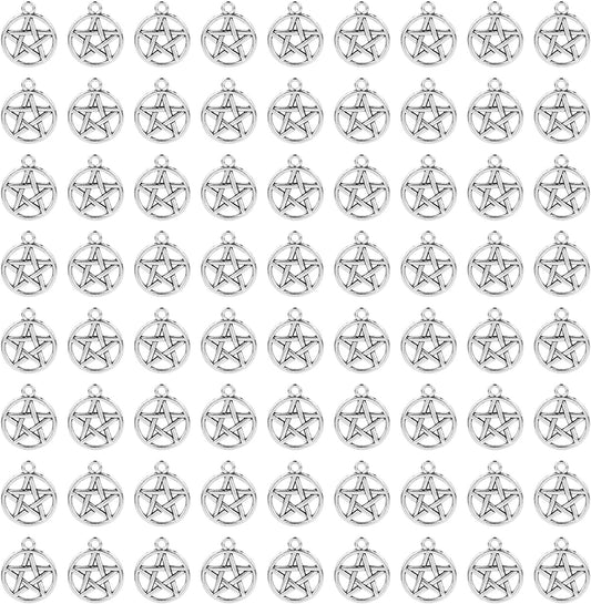 , Pentacle Star Charms Protection Pendant Lucky Pentagram Charm for DIY Craft Bracelets Necklaces Earrings Keychain Jewelry Making Antique Silver / 100 Pack