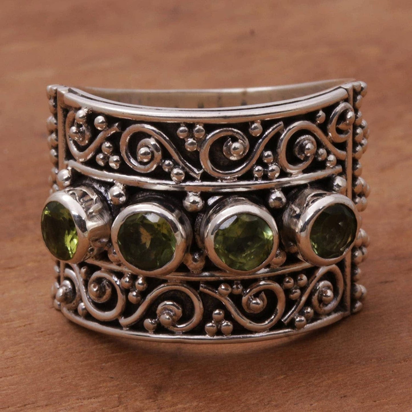 Peridot .925 Sterling Silver Spiral Motif Gemstone Cocktail Ring, Lucky Four'