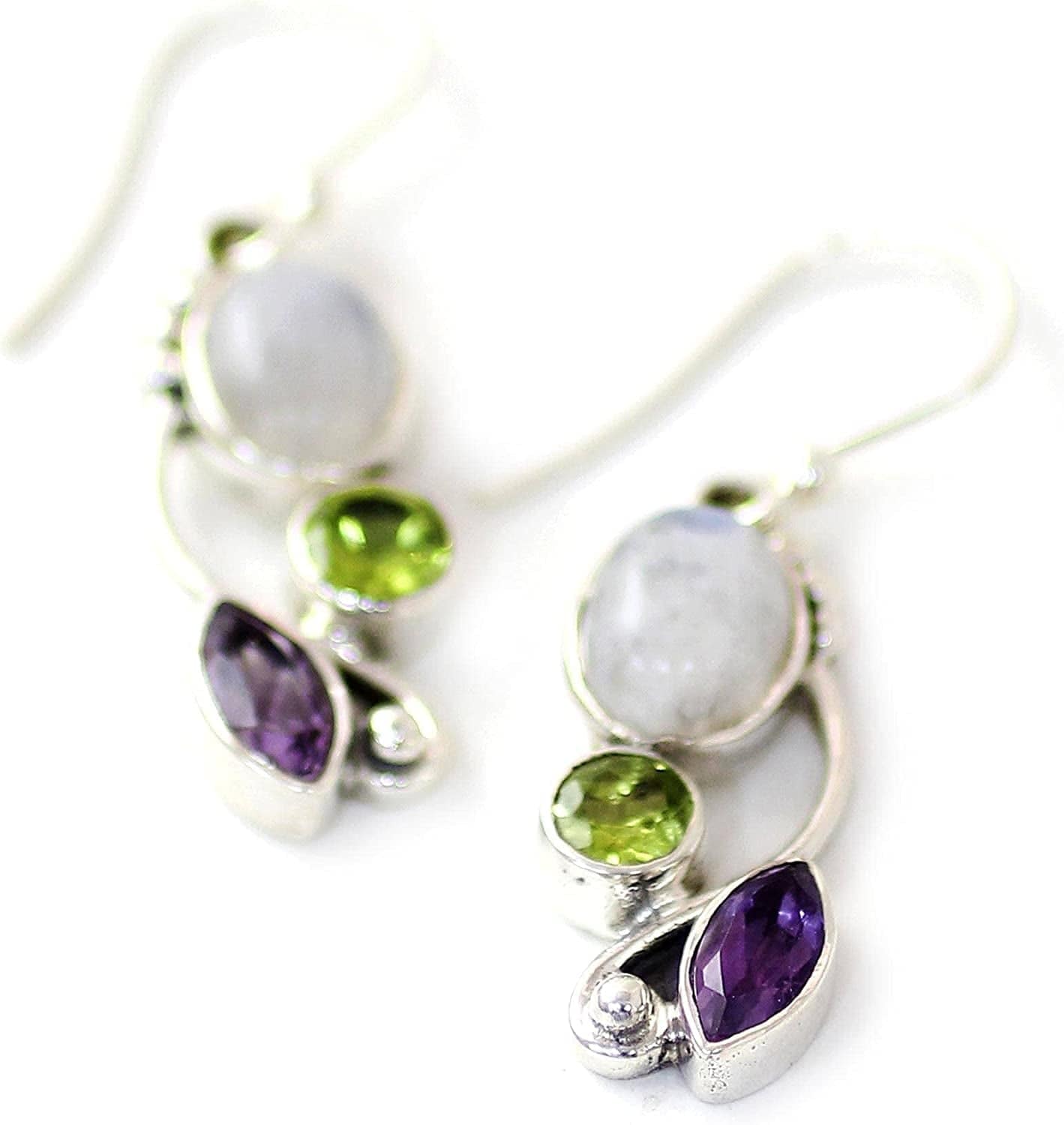 Peridot Amethyst Rainbow Moonstone .925 Sterling Silver Dangle Earrings, Natural Glamour'