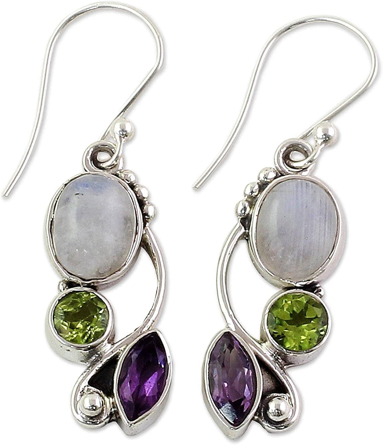 Peridot Amethyst Rainbow Moonstone .925 Sterling Silver Dangle Earrings, Natural Glamour'
