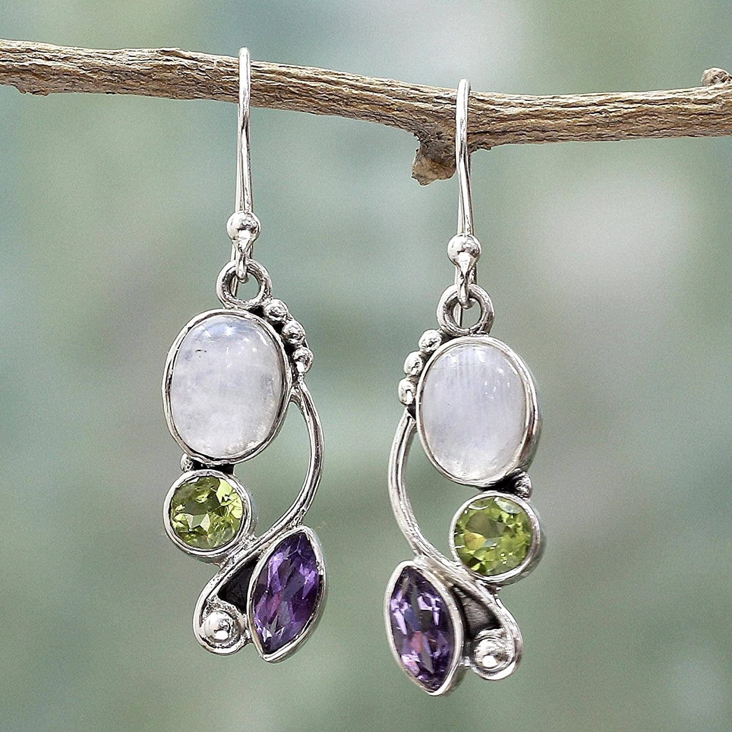 Peridot Amethyst Rainbow Moonstone .925 Sterling Silver Dangle Earrings, Natural Glamour'