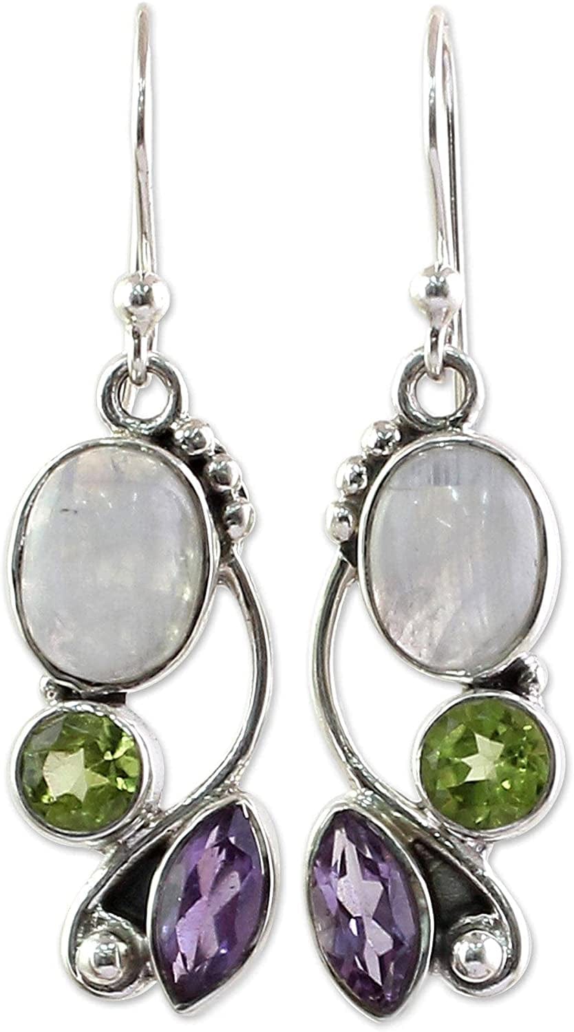 Peridot Amethyst Rainbow Moonstone .925 Sterling Silver Dangle Earrings, Natural Glamour'