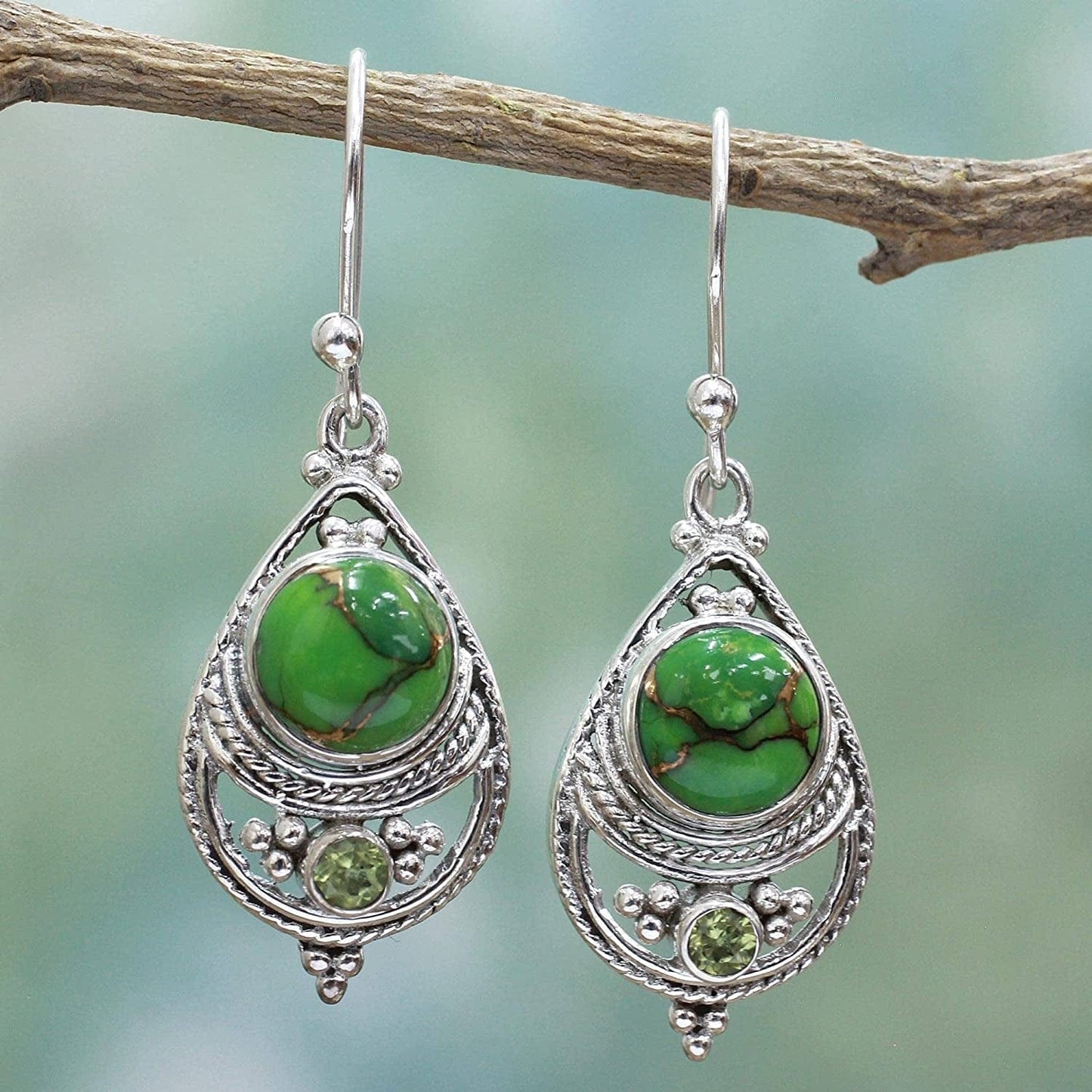 Peridot Green Reconstituted Turquoise .925 Sterling Silver Dangle Earrings 'Green Elegance'