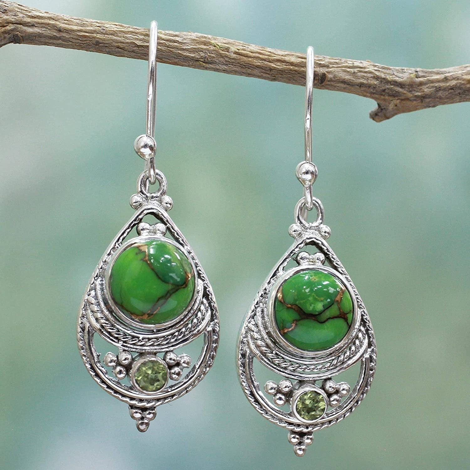 Peridot Green Reconstituted Turquoise .925 Sterling Silver Dangle Earrings 'Green Elegance'