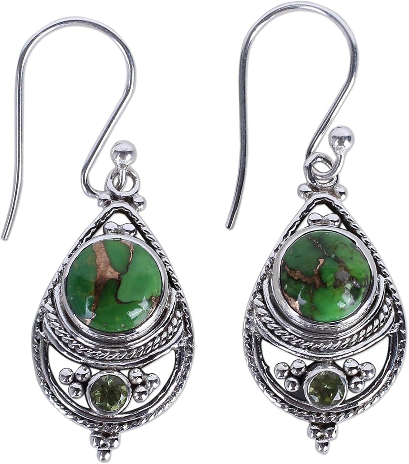 Peridot Green Reconstituted Turquoise .925 Sterling Silver Dangle Earrings 'Green Elegance'