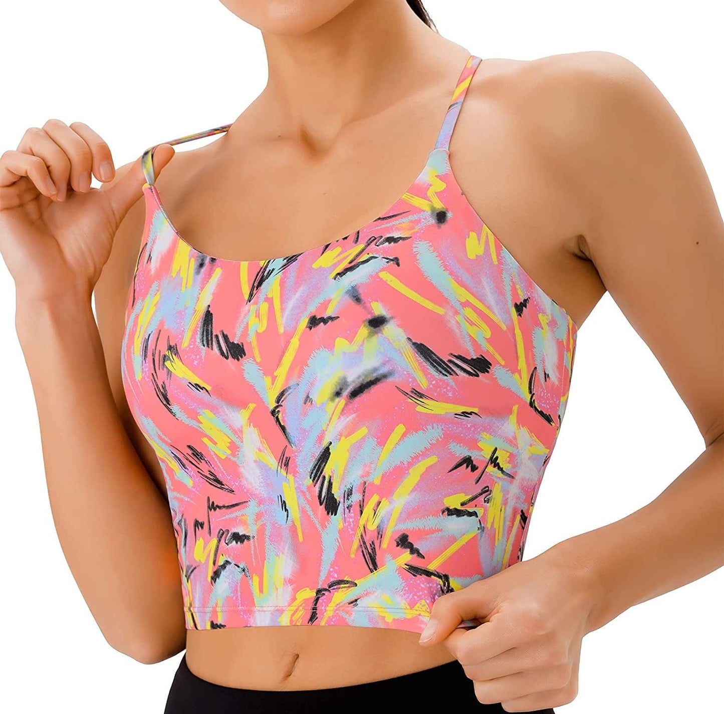 PERSIT Sports Bras Women Low Impact Removable Padded Workout Tops Longline Criss-Cross Back Crop Tank Top Graffiti Blossom / Small