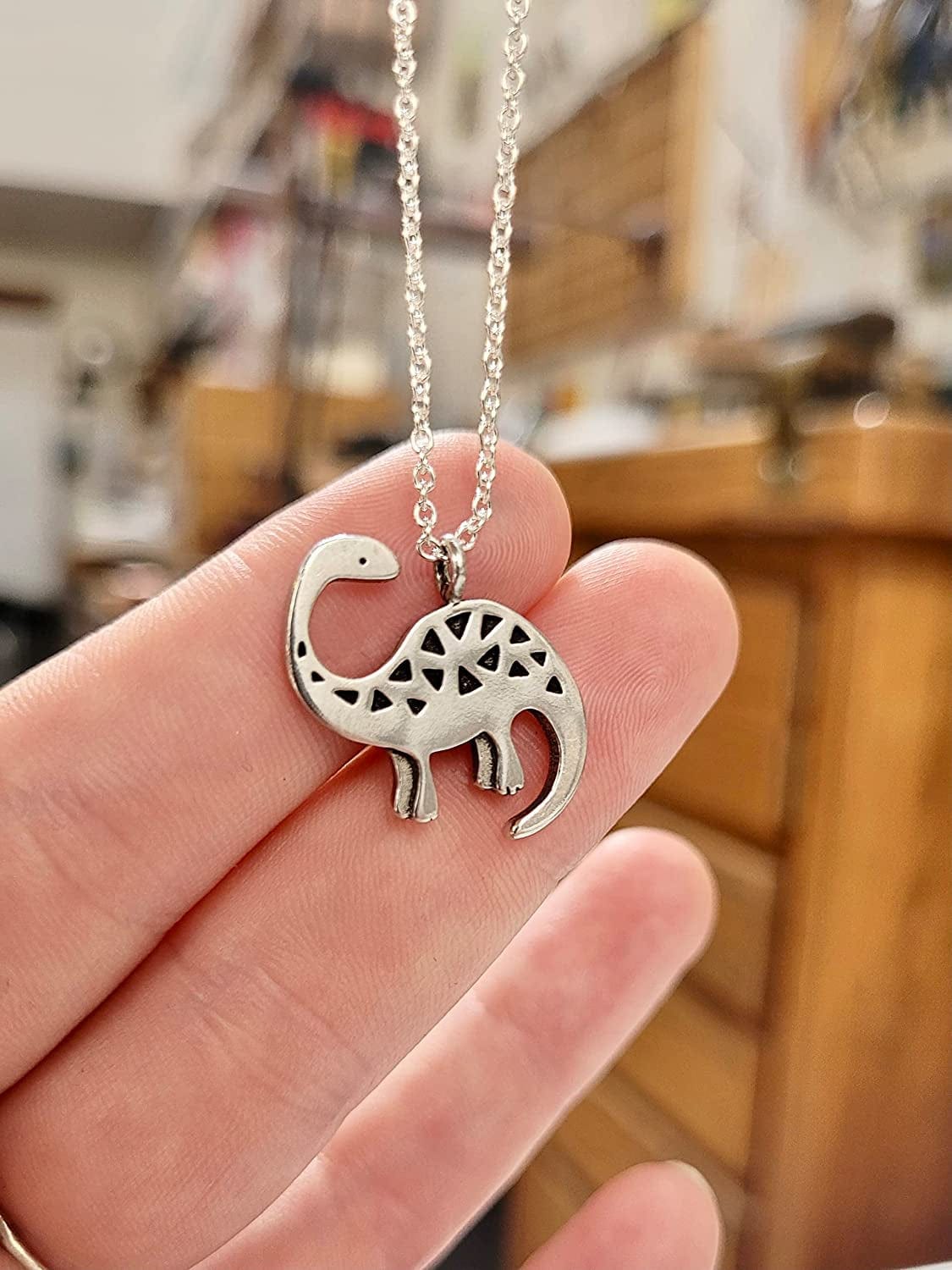 Pewter Charm Necklace Brontosaurus Dinosaur on 18" Chain