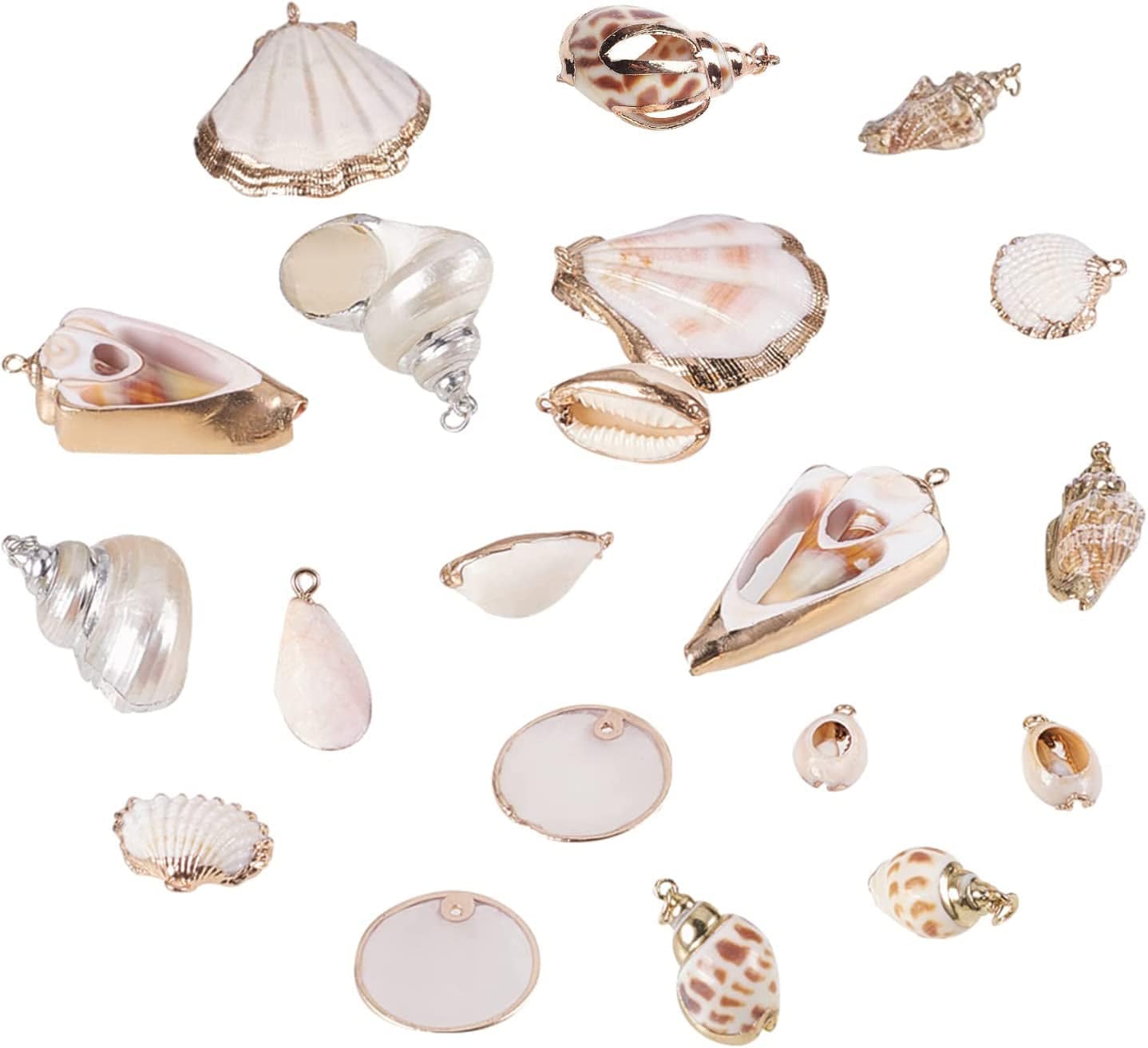 PH Pandahall 10 Style Natural Sea Shell Charms Beads 20Pcs Summer Seashell Pendants Spiral Sea Shells Gold Plated Pendant Ocean Beach Charms for Boho Earring Necklace Bracelet Jewelry Making