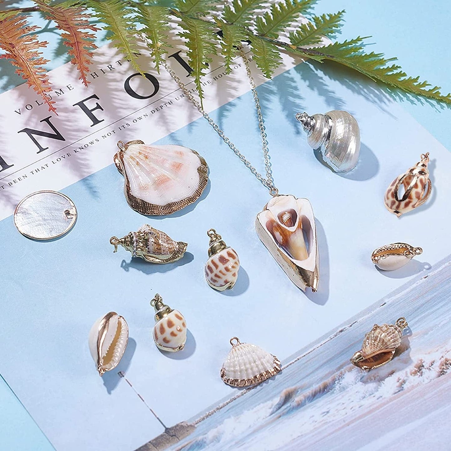 PH Pandahall 10 Style Natural Sea Shell Charms Beads 20Pcs Summer Seashell Pendants Spiral Sea Shells Gold Plated Pendant Ocean Beach Charms for Boho Earring Necklace Bracelet Jewelry Making