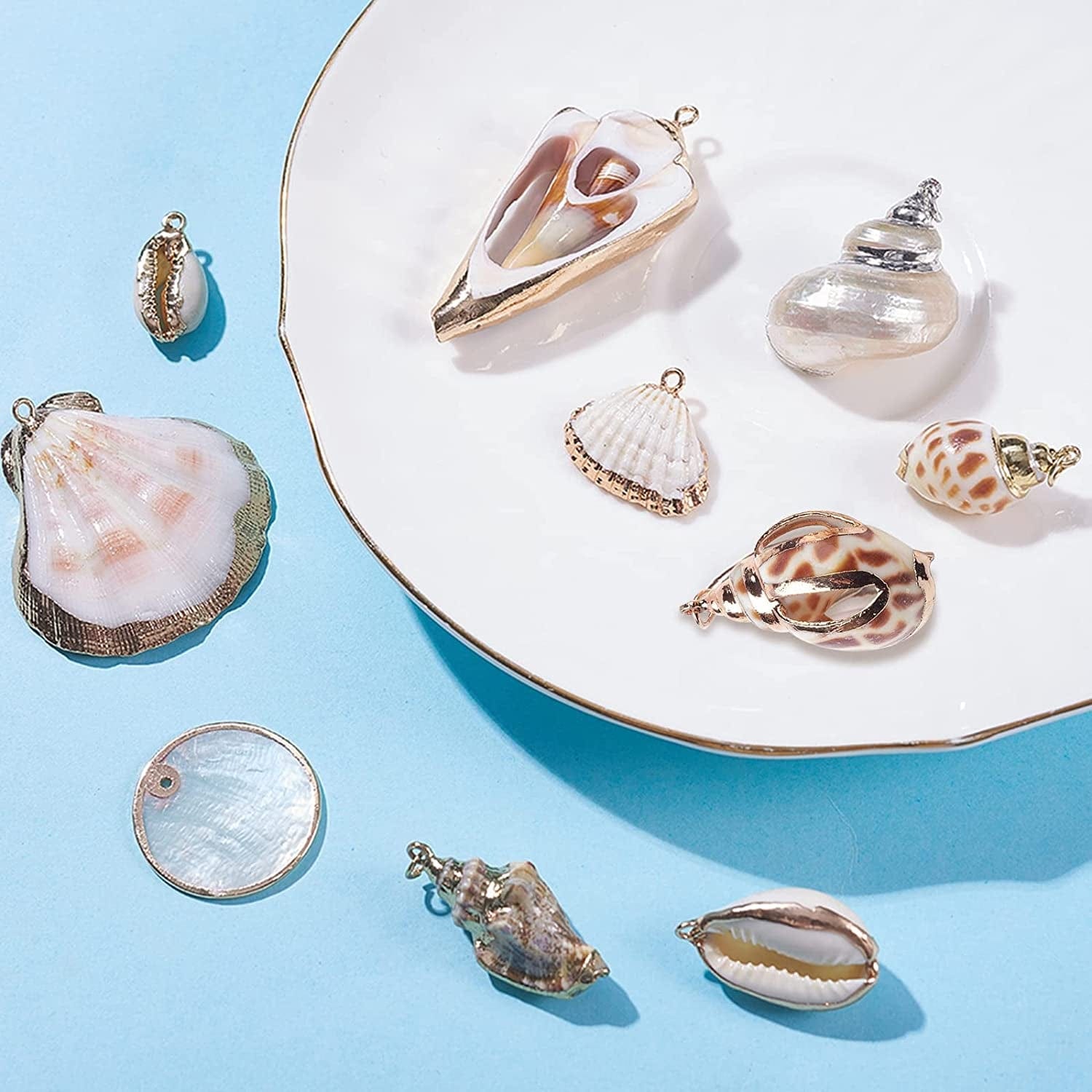 PH Pandahall 10 Style Natural Sea Shell Charms Beads 20Pcs Summer Seashell Pendants Spiral Sea Shells Gold Plated Pendant Ocean Beach Charms for Boho Earring Necklace Bracelet Jewelry Making