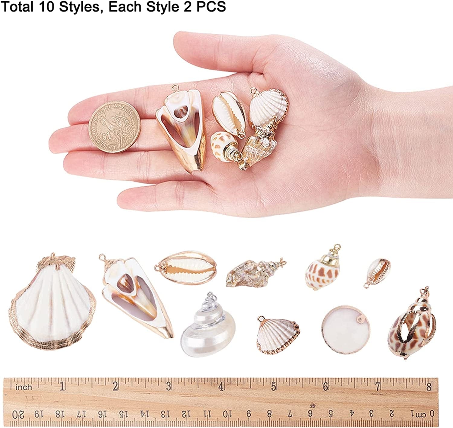 PH Pandahall 10 Style Natural Sea Shell Charms Beads 20Pcs Summer Seashell Pendants Spiral Sea Shells Gold Plated Pendant Ocean Beach Charms for Boho Earring Necklace Bracelet Jewelry Making