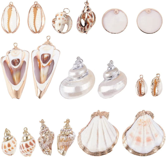 PH Pandahall 10 Style Natural Sea Shell Charms Beads 20Pcs Summer Seashell Pendants Spiral Sea Shells Gold Plated Pendant Ocean Beach Charms for Boho Earring Necklace Bracelet Jewelry Making