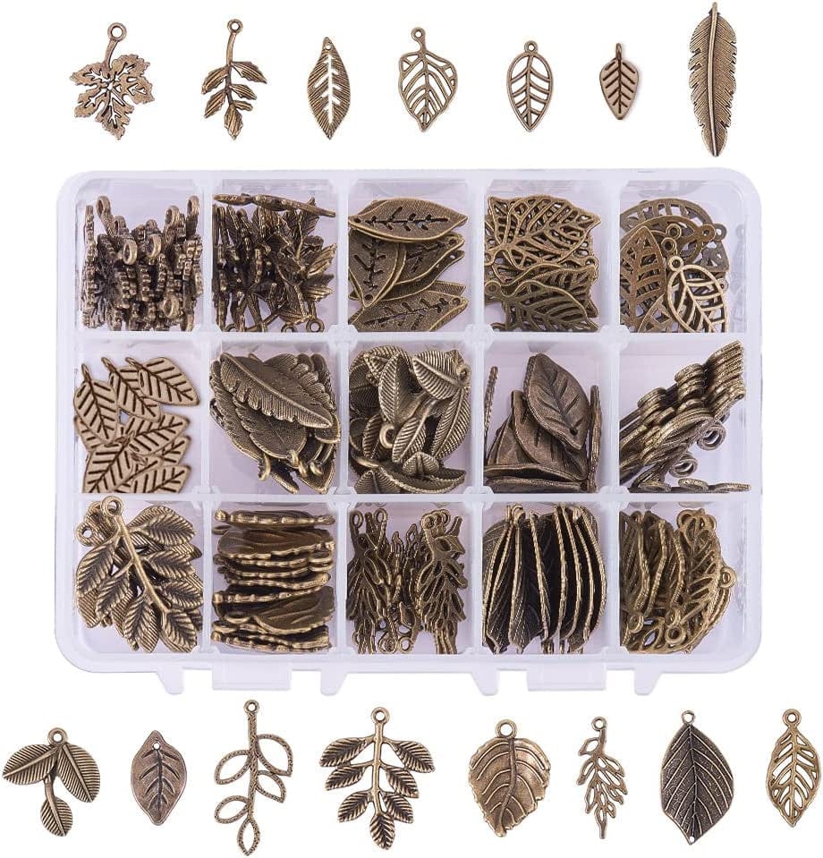 PH Pandahall 14 Styles Tree Leaf Charms, 96Pcs Tibetan Alloy Leaves Branch Beads Charms Metal Pendant Supplies Findings for Spring Fall Thanksgiving Bracelet Necklace Jewelry Making, Antique Bronze