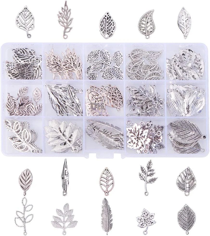PH Pandahall 14 Styles Tree Leaf Charms, 96Pcs Tibetan Alloy Leaves Branch Beads Charms Metal Pendant Supplies Findings for Spring Fall Thanksgiving Bracelet Necklace Jewelry Making, Antique Silver