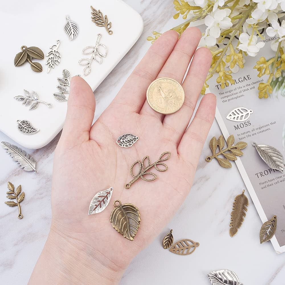 PH Pandahall 14 Styles Tree Leaf Charms, 96Pcs Tibetan Alloy Leaves Branch Beads Charms Metal Pendant Supplies Findings for Spring Fall Thanksgiving Bracelet Necklace Jewelry Making,
